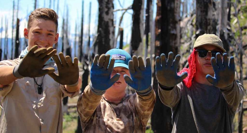 Three people show the camera their gloved hands as they stand in a wooded area during a service project